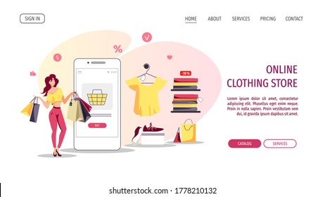 Woman with purchases and phone. Clothing store, Online Shopping, Mobile marketing, E-commerce concept. Vector illustration for poster, banner, website, commercial.