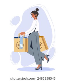 Woman with purchases. Young girl walks with shopping bags. Retail and commerce. Shopper and customer in shopping mall or boutique, shopaholic. Flat vector illustration isolated on white background