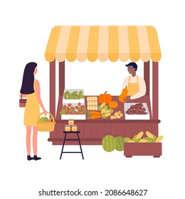 Woman purchasing fresh products at local market. Biological and eco food farming and selling flat vector illustration