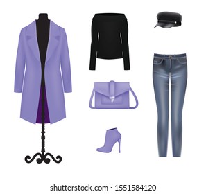 Woman purple and black clothing set, vector