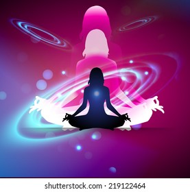 woman Purple blue sparkling background with stars in the sky and blurry lights, illustration. Abstract, Universe, Galaxies, yoga. 