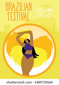 Woman in Purple Carnival Costume on Yellow Background. Brazilian Festival. Party Invitation. Traditional Brazilian Costume. National Brazil Holiday. Vector Illustration. Advertising Image with Text.