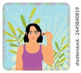 A woman in purple clothes takes care of her facial skin and drips anti-aging serum using a pipette. Beauty routine concept.