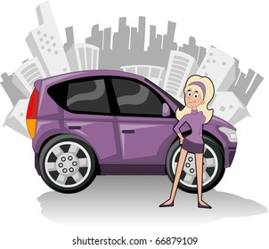 Woman with purple compact car and city on the background