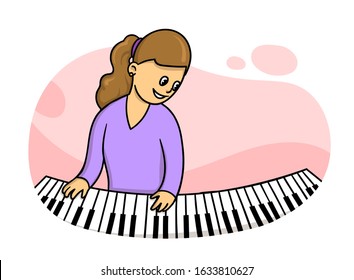 Woman in purple dress playing the piano.Music teacher practising. Colorful flat vector illustration. Isolated on white background.