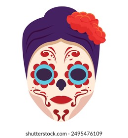 Woman with a purple hair bun and red flower celebrating the day of the dead with traditional makeup