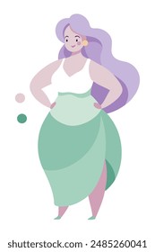 A woman with purple hair and a green skirt stands with hands on hips
