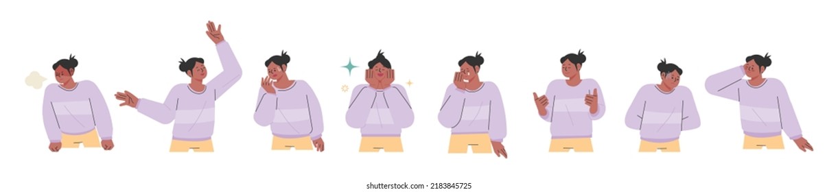 A woman in a purple shirt. He expresses various emotions through gestures and facial expressions. flat design style vector illustration.