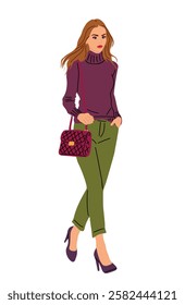 A woman in a purple sweater and green pants is walking with a red purse. She is wearing high heels and has a red purse