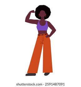 A woman with a purple top and orange pants is standing with her arms crossed. She is wearing a belt and earrings