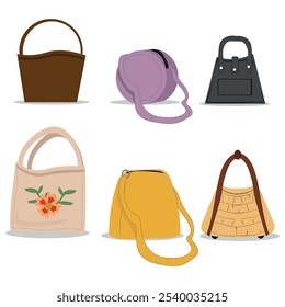 Bolsa de mulher. Colorido engraçado senhoras bolsas. Moda moderna compras. ilustração vetorial.