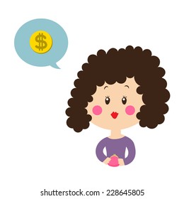A woman with a purse in her hand thinking about money, vector illustration