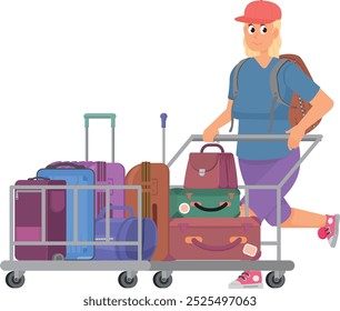 Woman push baggage cart. Airport passenger character