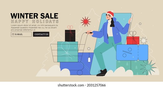 Woman push cart with presents or gift boxes and buy them in online store, on christmas or new year market, sale, fair for relatives, family, children or friends. Winter holidays shopping banner, web.