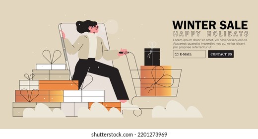 Woman push cart with presents or gift boxes and buy them in online store, on christmas or new year market, sale, fair for relatives, family, children or friends. Winter holidays shopping banner, web.