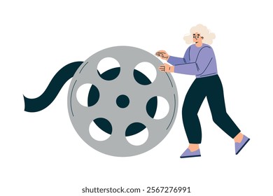 Woman Push Huge Reel at Shooting Film Movie Production Scene Vector Illustration