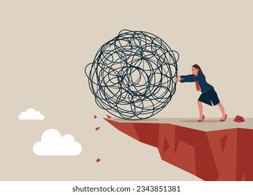 Woman push messy chaos stress ball off a cliff. Depression and anxiety caused by stress and pressure, relaxation help relieve stress. Vector illustration