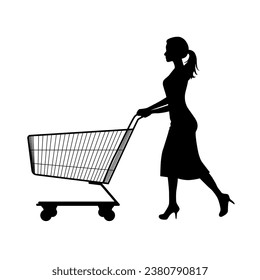 Woman push shopping cart silhouette, people shopping, shopper silhouettes on white