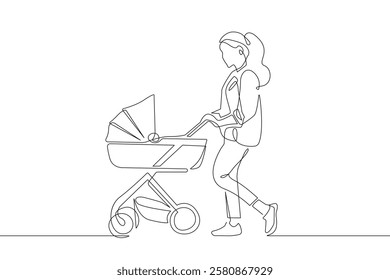 Woman Pushes a Baby Carriage One Line Vector Illustration. Continuous Single Line Drawing of Mom walking with Newborn. Happy Mother`s Day Card with Hand Drawn Contour Silhouette Outline Style. Not AI