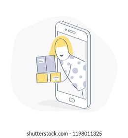 Woman pushes carton packages, boxes out of the mobile phone. Online shopping, delivery of purchases, online order in online shop, make purchases from the phone app. Modern line vector illustration.