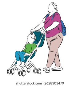 A woman pushes a stroller with a young child sitting in it. She wears a magenta shirt and carries a blue backpack, while the child is dressed in green and blue