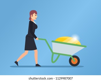 Woman pushes wheelbarrow full of gold. Become rich, find treasures, goldmine concept. Flat design vector illustration