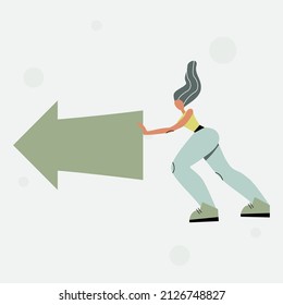 Woman pushing an arrow. Picture depicts growth for presentations, diagrams, graphs. Vector drawing with modern character. 