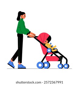 Woman Pushing Baby Stroller In Flat Vector Illustration Symbolizing Motherhood, Outdoor Walks, And Parental Care, Isolated On White Background.