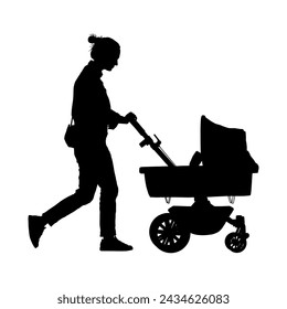 Woman pushing a baby stroller side view vector silhouette.	