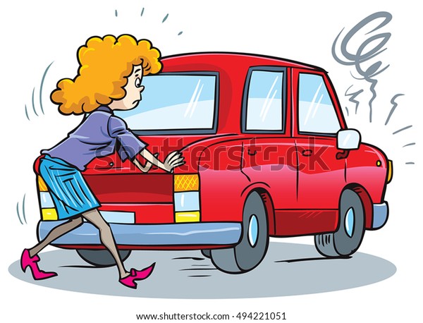 woman pushing car out of\
gasoline