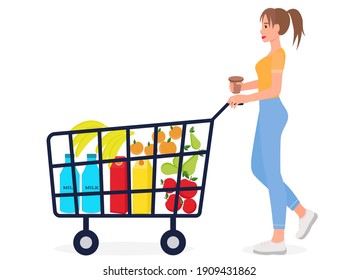A woman is pushing a cart with groceries. The girl makes purchases in the store. Vector. Full basket, girl with coffee.