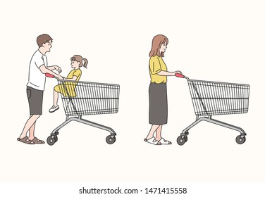 Woman pushing cart. A man carrying a girl and pushing a cart. hand drawn style vector design illustrations. 