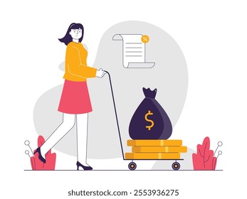 Woman pushing cart with sack of money and coins, profit from discount while shopping online. Character design. Vector flat illustration