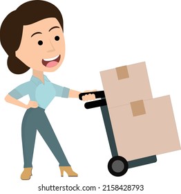 Woman pushing dolly with boxes. Shipping, delivering, courier, boxes, hand truck.