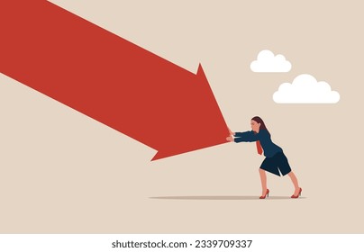 Woman pushing falling down arrow with full effort. Survive investment crash, effort to win business challenge. Vector illustration