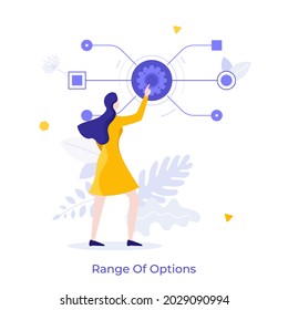 Woman pushing gearwheel button and looking at dropdown menu. Concept of range of options, choosing between different features, selection of alternatives. Modern flat vector illustration for banner.