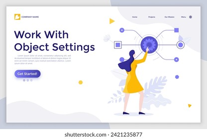 Woman pushing gearwheel button and looking at dropdown menu. Concept of range of options, choosing between different features, selection of alternatives. Modern flat vector illustration for banner.