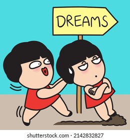 Woman Is Pushing Herself To Dreams Concept Card Character illustration