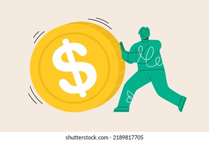 Woman pushing a large coin. Growth, income, savings, investment. Colorful vector illustration
