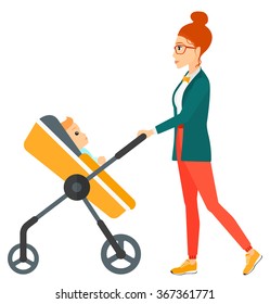 Woman pushing pram.