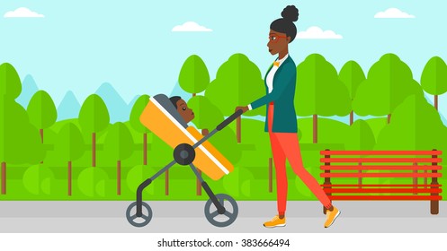 Woman pushing pram.