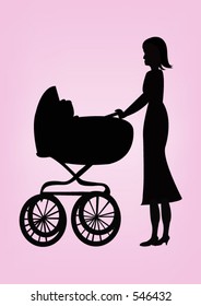 A Woman Pushing A Pram