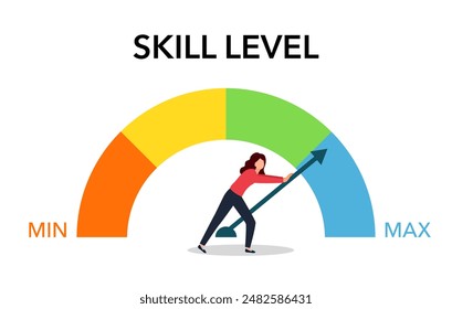 Woman pushing progress bar up to maximum position. Increasing skills level vector illustration on white background.
