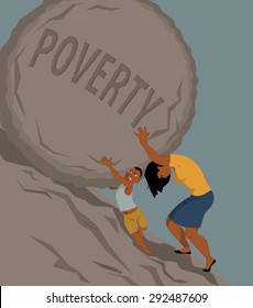 Woman pushing a rock with the word poverty written on it uphill, a little boy helping her, vector illustration, no transparencies, EPS 8