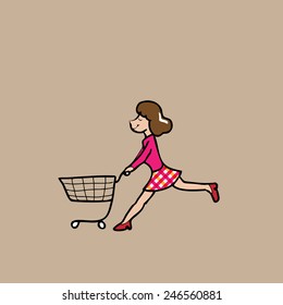 Woman pushing shopping cart cartoon vector