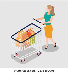 Woman pushing shopping cart with full of shopping bags and gift boxes, isometric illustration