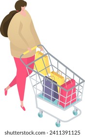 Woman pushing shopping cart full of colorful bags. Shopper with purchases in cart isometric view. Consumer in store, mall shopping vector illustration.