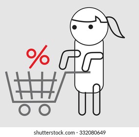 woman pushing a shopping cart with percent.