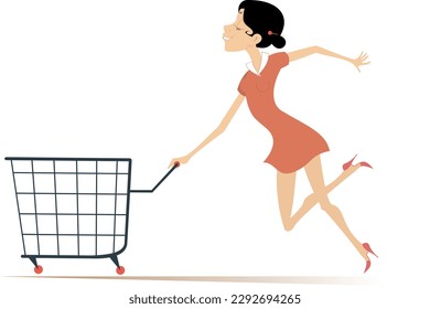 Woman pushing shopping cart. 
Running young woman pushing supermarket shopping cart
