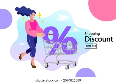 woman pushing shopping cart trolley with big percentage sign. Interest Rate Shopping. consumerism and people. Duty free. Illustrates sales cart discounts.